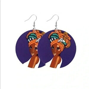 Red & Blue Circle Ethnic Women’s Ladies Large Wood Wooden Drop Earrings